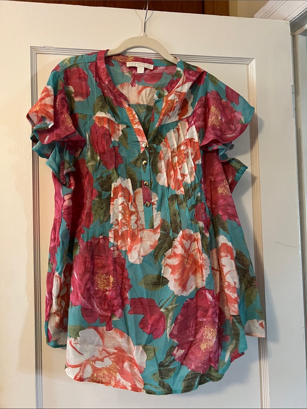 Floral Button-Front Flutter-Sleeve Tunic - Teal & Pink